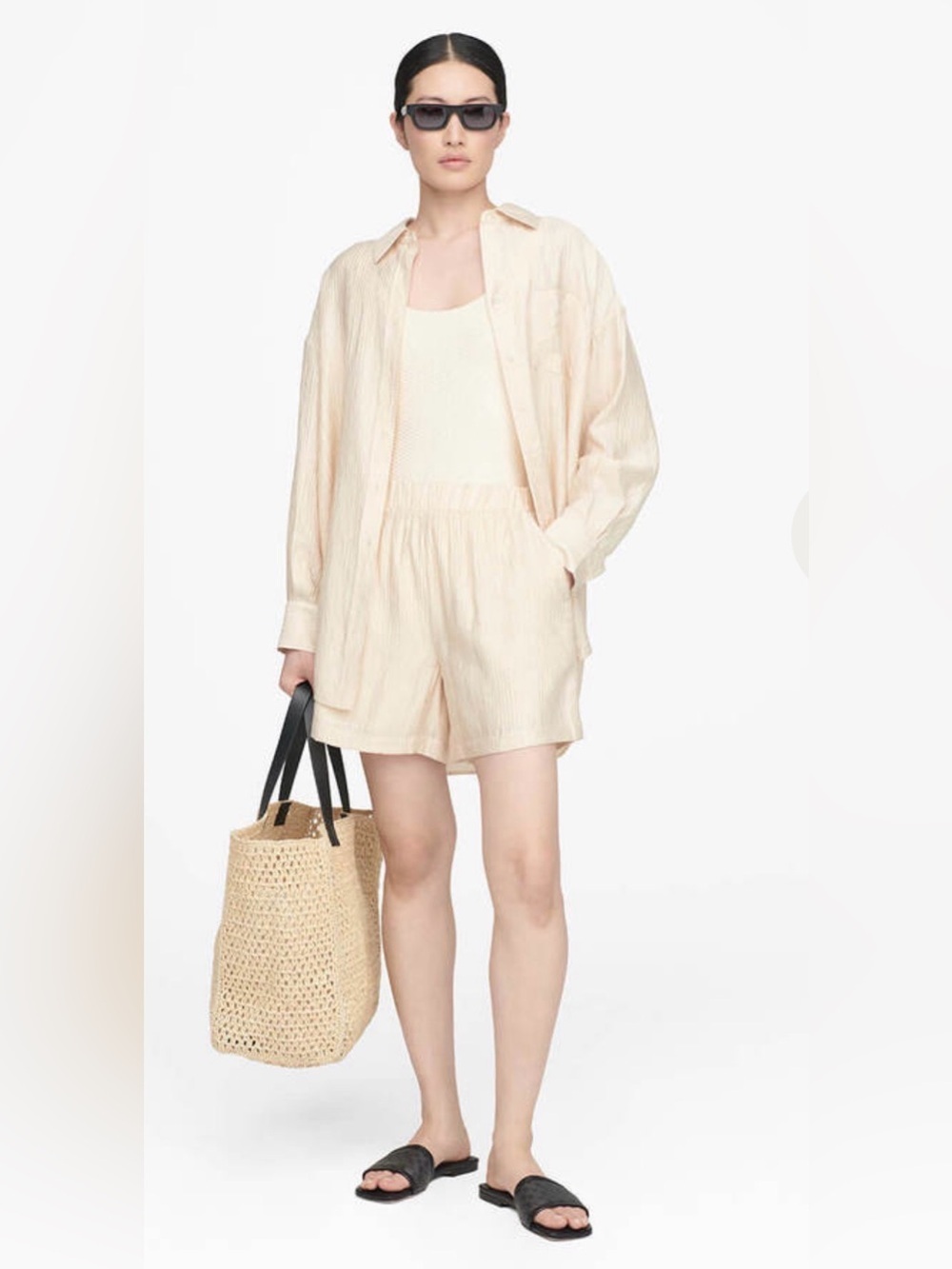 ANINE BING Crinkled Gauze Matching Set - Oversized Shirt & Shorts (M/L)